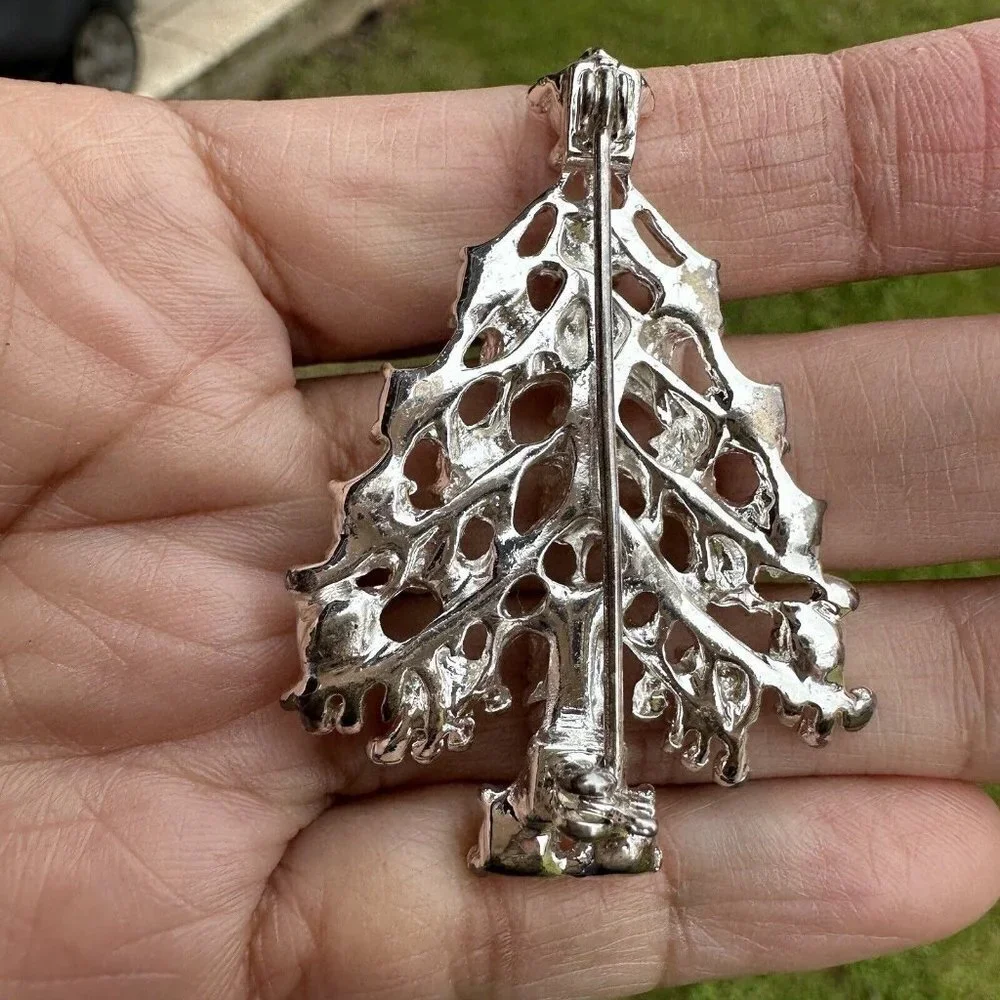 VTG Christmas Tree Brooch Pin 2 Inch Silver‎ Rhodium Multicolor AB Rhinestones